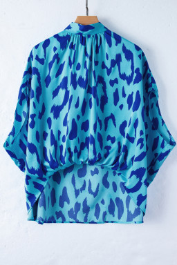 Blue Leopard Print Loose Batwing Sleeve Mock Neck Blouse