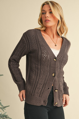 Dark Khaki Hollow Knit Drop Shoulder Cardigan
