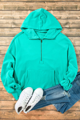 Aruba Blue Half Zipper Kangaroo Pockets Drop Shoulder Hoodie