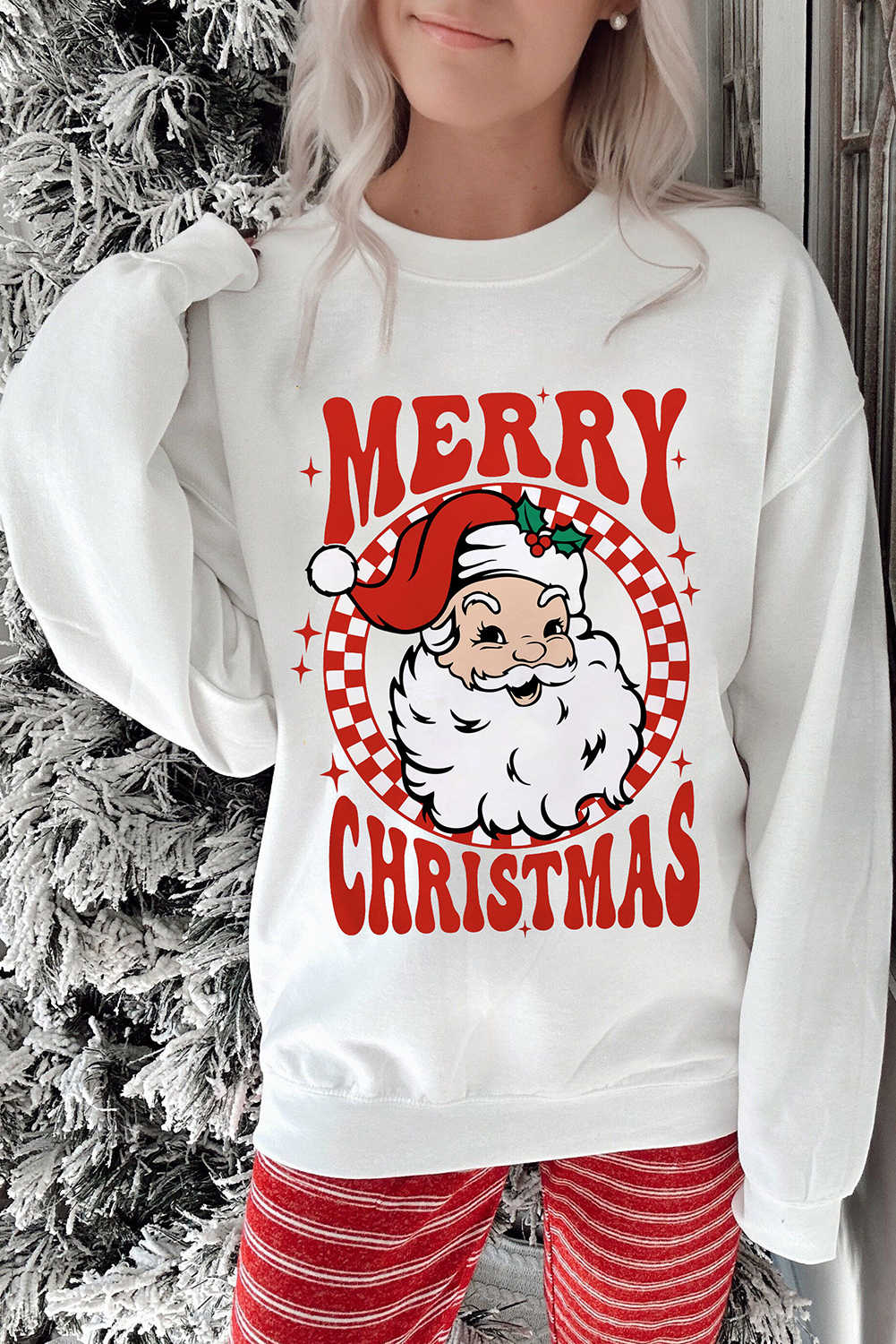 Beige Santa Claus Merry Christmas Heat Transfer Printing Graphic Sweatshirt