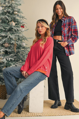 Red Plaid Print Drop Sleeve Loose Shirt Shacket