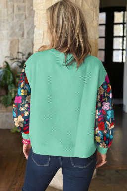 Mint Green Vintage Flower Patchwork Sleeve Textured Top