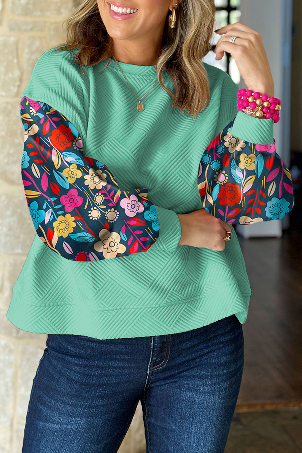 Mint Green Vintage Flower Patchwork Sleeve Textured Top