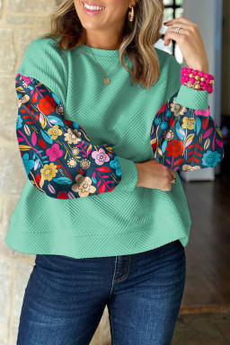 Mint Green Vintage Flower Patchwork Sleeve Textured Top