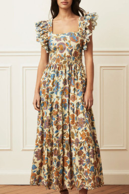 Beige Boho Floral Backless Ruffle Tiered Maxi Dress