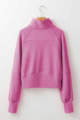 Bonbon Zip Up Stand Collar Ribbed Thumbhole Sleeve Sweatshirt