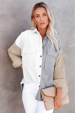 White Pocket Casual Color Block Button Up Shacket