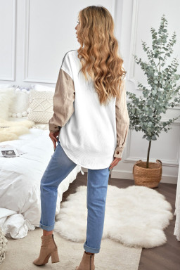 White Pocket Casual Color Block Button Up Shacket