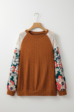 Cinnamon Floral Patchwork Raglan Sleeve Ribbed Top