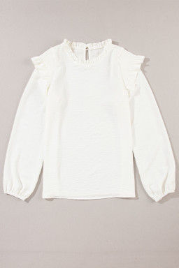 White Frilled Neck Ruffled Trim Bubble Sleeve Blouse