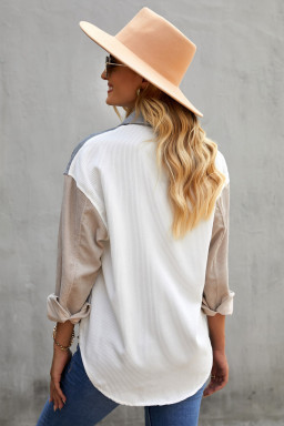 White Pocket Casual Color Block Button Up Shacket
