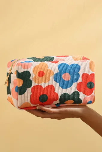 White Cute Flower Print Zipper Square Corduroy Cosmetic Bag