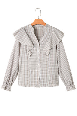 Brown Plaid Puff Sleeve Ruffle Blouse