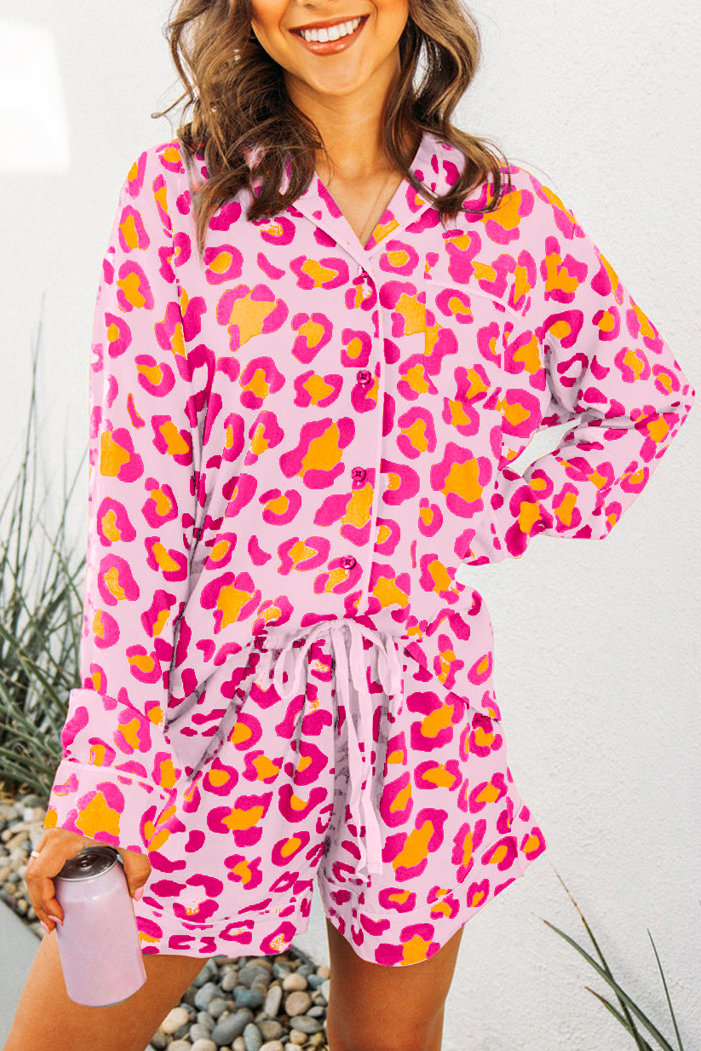 Pink Full Pattern Shirt and Shorts Satin Pajama Set