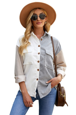 White Pocket Casual Color Block Button Up Shacket