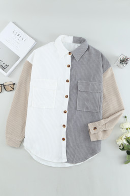 White Pocket Casual Color Block Button Up Shacket