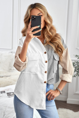 White Pocket Casual Color Block Button Up Shacket