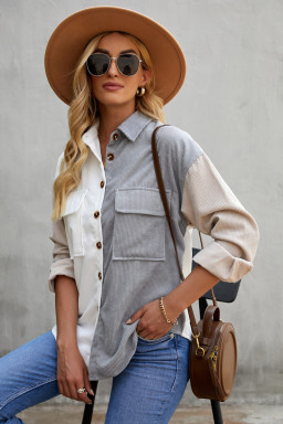 White Pocket Casual Color Block Button Up Shacket