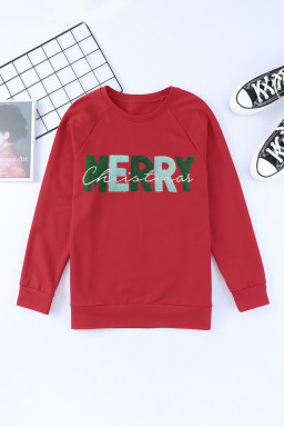 Red Chenille MERRY Christmas Raglan Sleeve Graphic Sweatshirt
