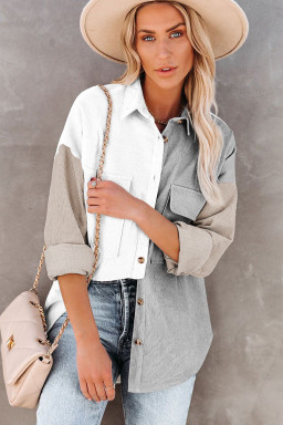 White Pocket Casual Color Block Button Up Shacket
