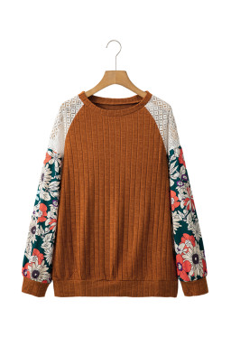 Cinnamon Floral Patchwork Raglan Sleeve Ribbed Top