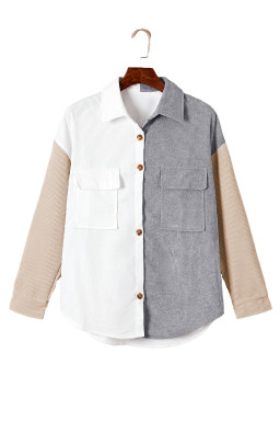 White Pocket Casual Color Block Button Up Shacket