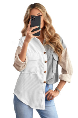 White Pocket Casual Color Block Button Up Shacket