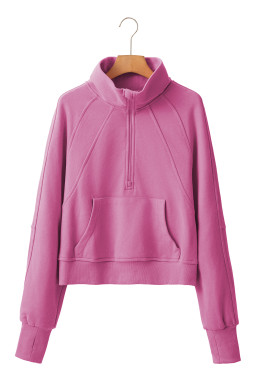 Bonbon Zip Up Stand Collar Ribbed Thumbhole Sleeve Sweatshirt
