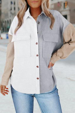 White Pocket Casual Color Block Button Up Shacket