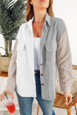 White Pocket Casual Color Block Button Up Shacket