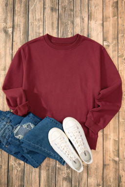 Burgundy Solid Color Drop Shoulder Terry Sweatshirt