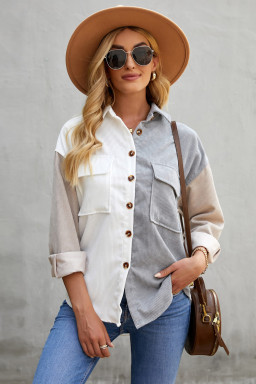 White Pocket Casual Color Block Button Up Shacket