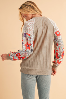 Parchment Floral Patchwork Raglan Sleeve Ribbed Blouse