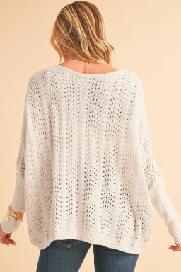 Beige Eyelet Batwing Sleeve Knit Sweater