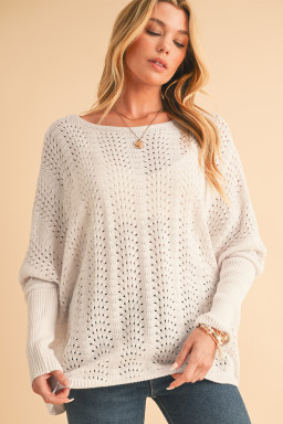Beige Eyelet Batwing Sleeve Knit Sweater