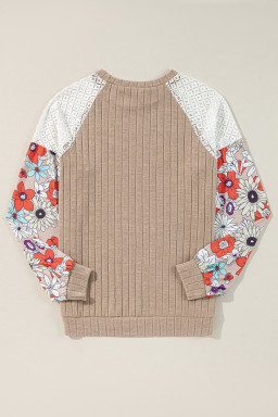 Parchment Floral Patchwork Raglan Sleeve Ribbed Blouse