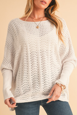 Beige Eyelet Batwing Sleeve Knit Sweater
