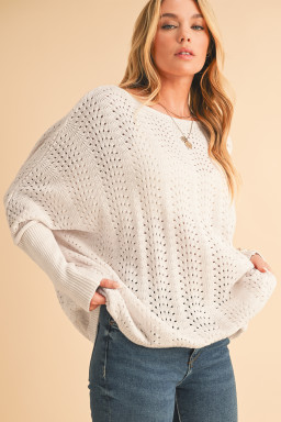 Beige Eyelet Batwing Sleeve Knit Sweater