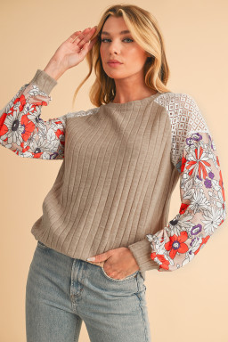 Parchment Floral Patchwork Raglan Sleeve Ribbed Blouse