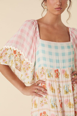 Multicolor Boho Floral Colorblock Plaid Ricrac Maxi Dress