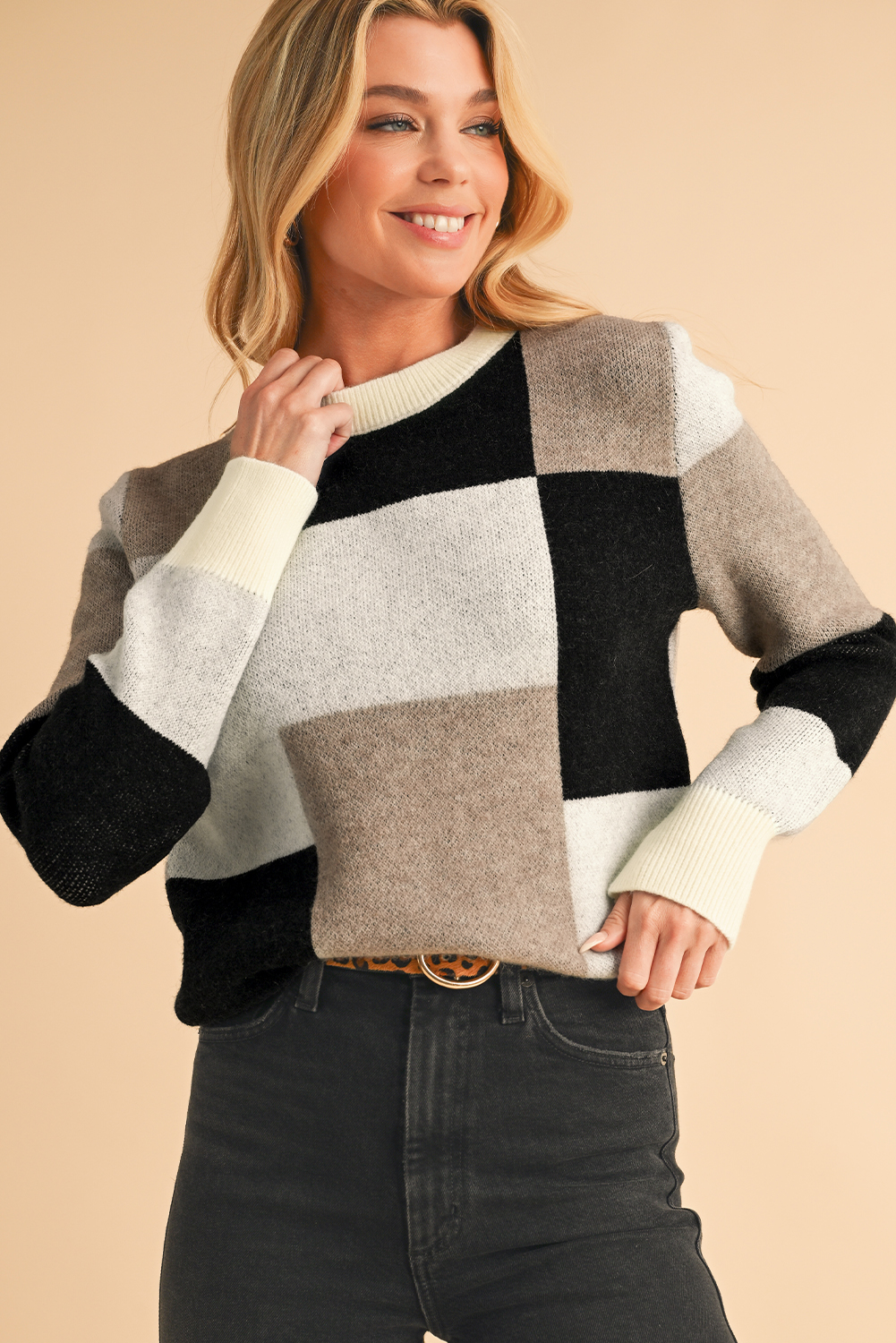 ADORA Plus Size Comfy Checkered Colorblock Sweater Top
