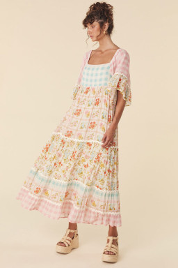 Multicolor Boho Floral Colorblock Plaid Ricrac Maxi Dress