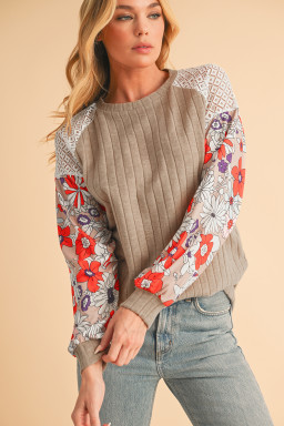 Parchment Floral Patchwork Raglan Sleeve Ribbed Blouse