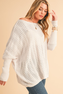Beige Eyelet Batwing Sleeve Knit Sweater