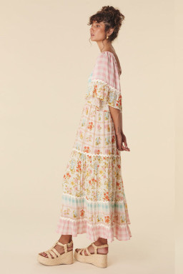 Multicolor Boho Floral Colorblock Plaid Ricrac Maxi Dress