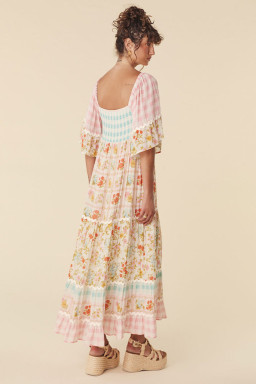 Multicolor Boho Floral Colorblock Plaid Ricrac Maxi Dress