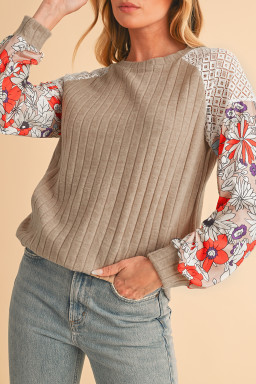 Parchment Floral Patchwork Raglan Sleeve Ribbed Blouse