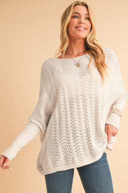 Beige Eyelet Batwing Sleeve Knit Sweater