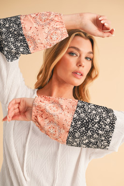 Beige Floral Patchwork Textured Drawstring V Neck Top