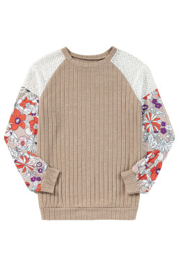 Parchment Floral Patchwork Raglan Sleeve Ribbed Blouse